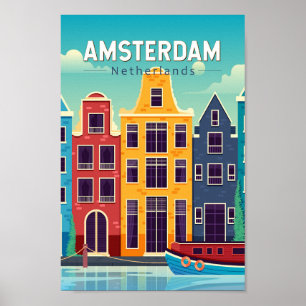 Amsterdam Netherlands Colorful Houses Travel Retro Poster