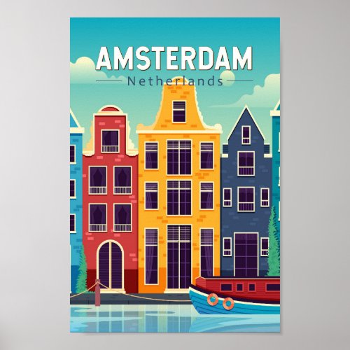 Amsterdam Netherlands Colorful Houses Travel Retro Poster