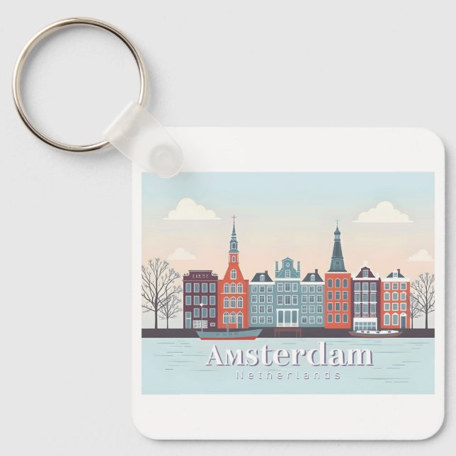 Amsterdam Netherlands Damrak Pastel Travel Keychain (Front)