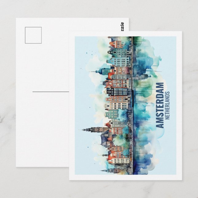 Amsterdam Netherlands Famous Travel Watercolor Postcard (Front/Back)