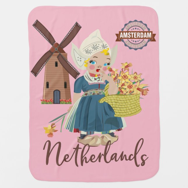Amsterdam, Netherlands (Holland) Dutch Girl Baby Blanket (Front)