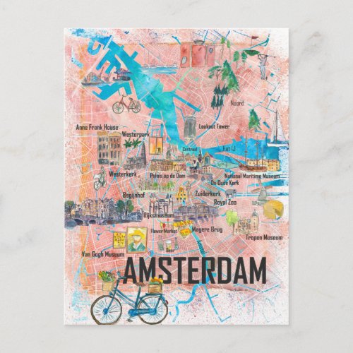 Amsterdam Netherlands Illustrated Map with Roads Postcard