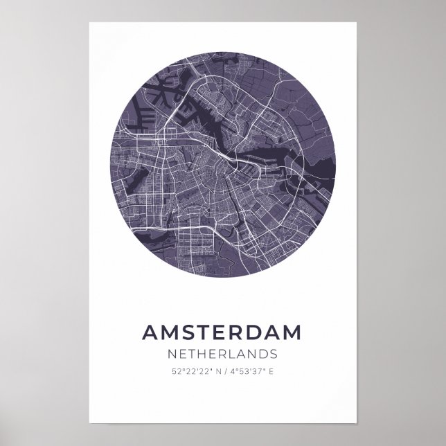 Amsterdam Netherlands Purple Circle Map Poster (Front)