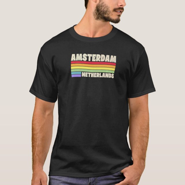 Amsterdam Netherlands Rainbow Gay Pride Merch Retr T-Shirt (Front)