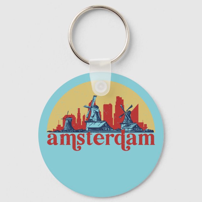 Amsterdam Netherlands Retro City Skyline Cityscape Keychain (Front)