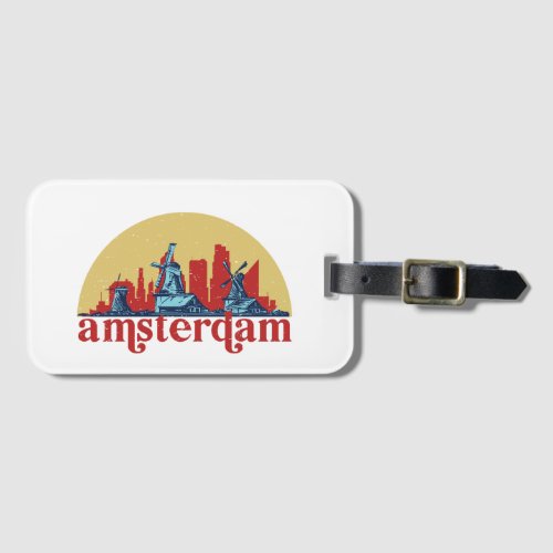 Amsterdam Netherlands Retro City Skyline Cityscape Luggage Tag