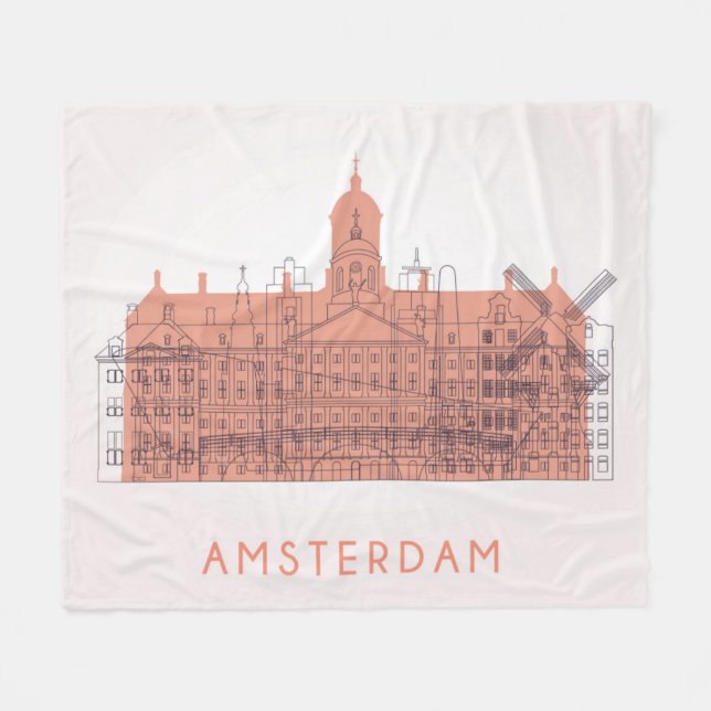 Amsterdam, Netherlands | Skyline of Landmarks Fleece Blanket (Front (Horizontal))