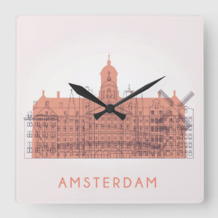 Amsterdam, Netherlands Skyline of Landmarks Square Wall Clock