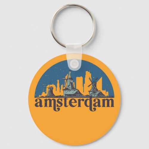 Amsterdam Netherlands Vintage City Skyline Keychain