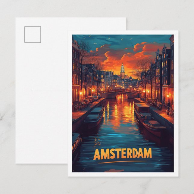 Amsterdam Netherlands Vintage Illustration Travel Postcard (Front/Back)