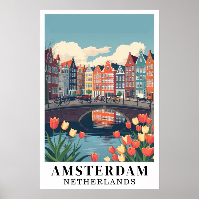Amsterdam Netherlands Vintage Travel Bicycles Art Poster (Front)