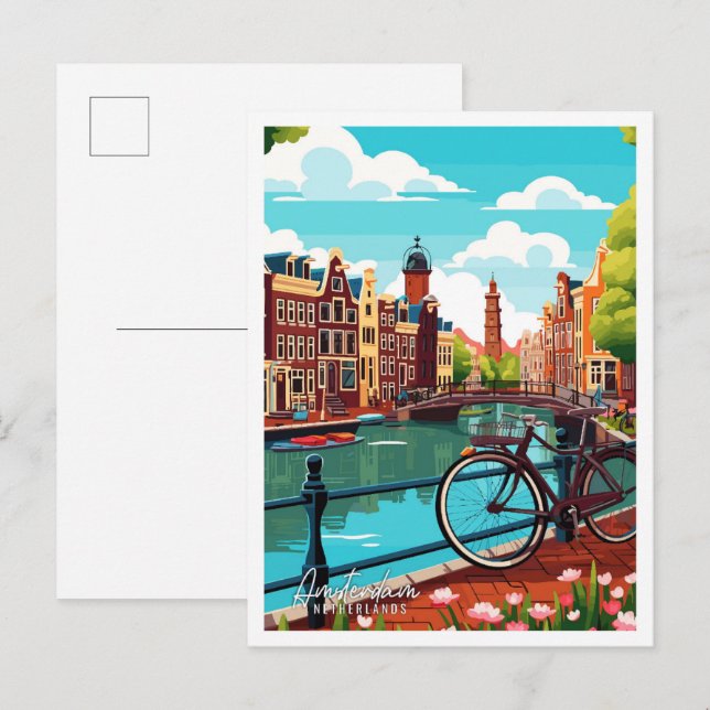 Amsterdam Netherlands vintage travel illustration Postcard (Front/Back)
