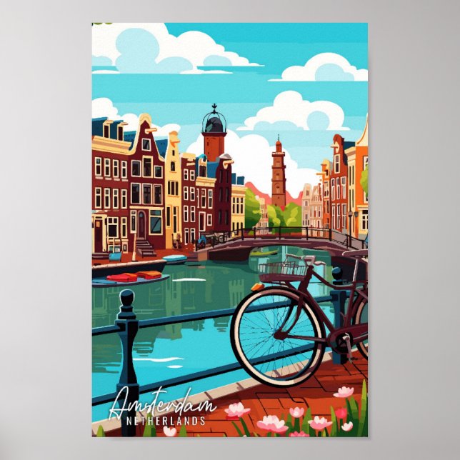Amsterdam Netherlands vintage travel illustration Poster (Front)