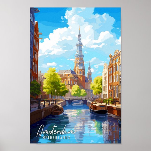Amsterdam Netherlands vintage travel illustration Poster (Front)