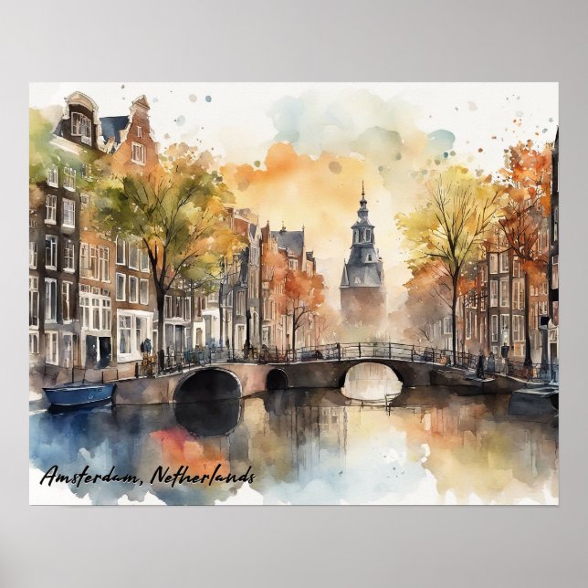Amsterdam Netherlands Watercolor Panorama View Poster (Front)