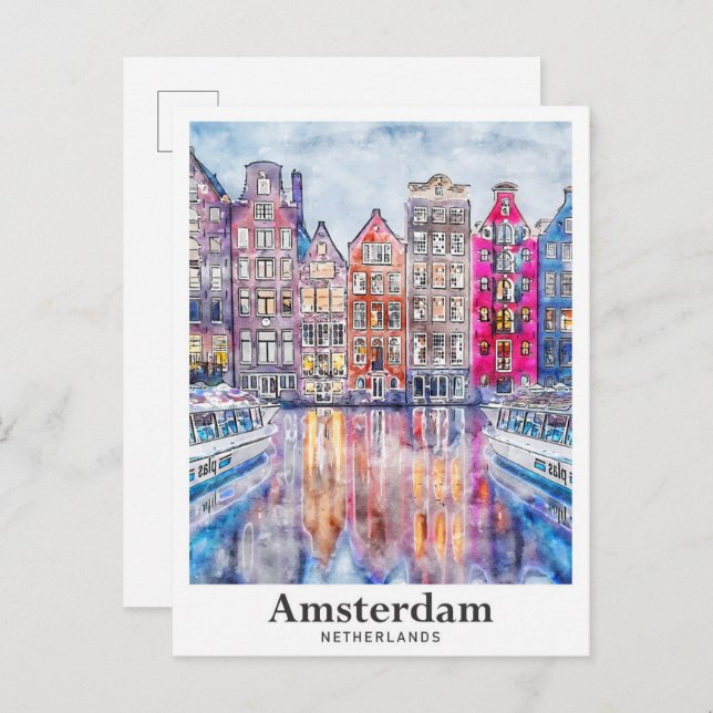 Amsterdam Netherlands Watercolor Sketch Hand Drawn Postcard (Front/Back)
