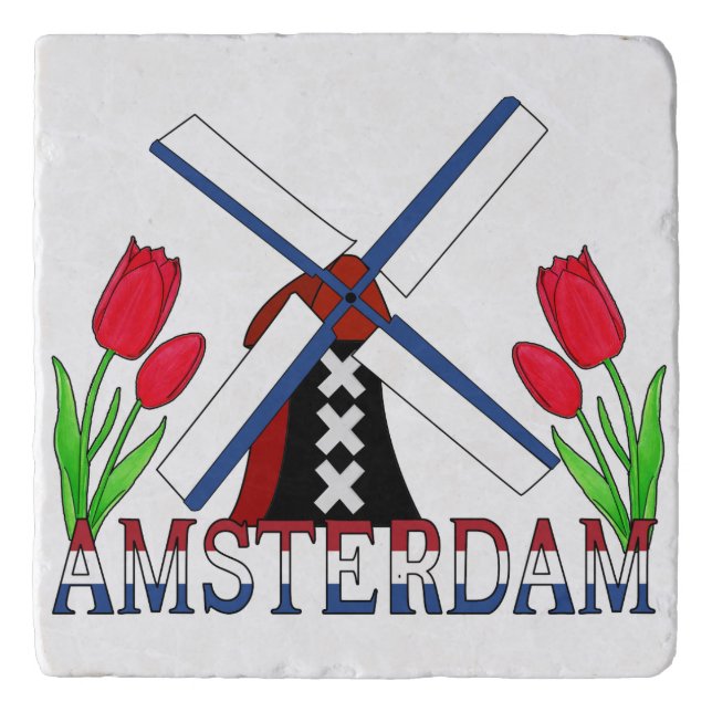 Amsterdam Netherlands Windimill with Tulips Trivet (Front)