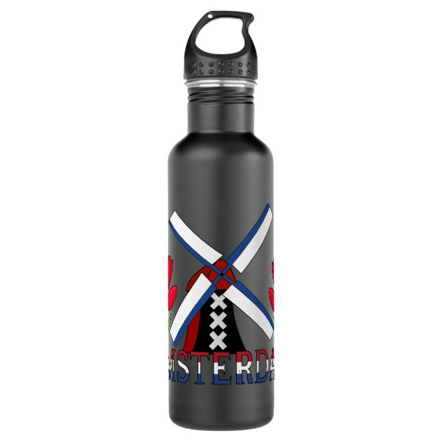Amsterdam Netherlands Windmill Tulips Water Bottle (Front)