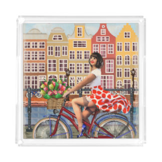 Amsterdam Poster: Pin-Up Girl Cycling. Acrylic Tray