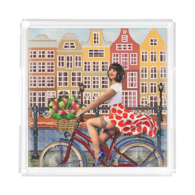 Amsterdam Poster: Pin-Up Girl Cycling. Acrylic Tray (Front)