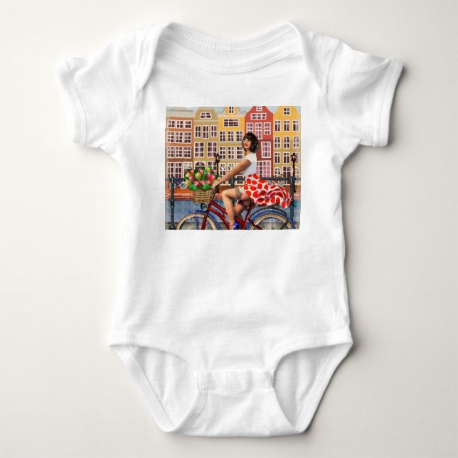 Amsterdam Poster: Pin-Up Girl Cycling. Baby Bodysuit (Front)