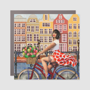 Amsterdam Poster: Pin-Up Girl Cycling. Car Magnet
