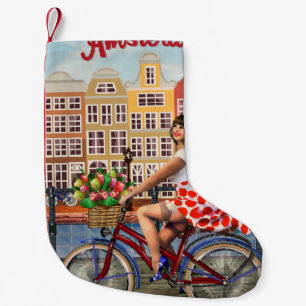Amsterdam Poster: Pin-Up Girl Cycling. Small Christmas Stocking