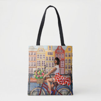 Amsterdam Poster: Pin-Up Girl Cycling. Tote Bag