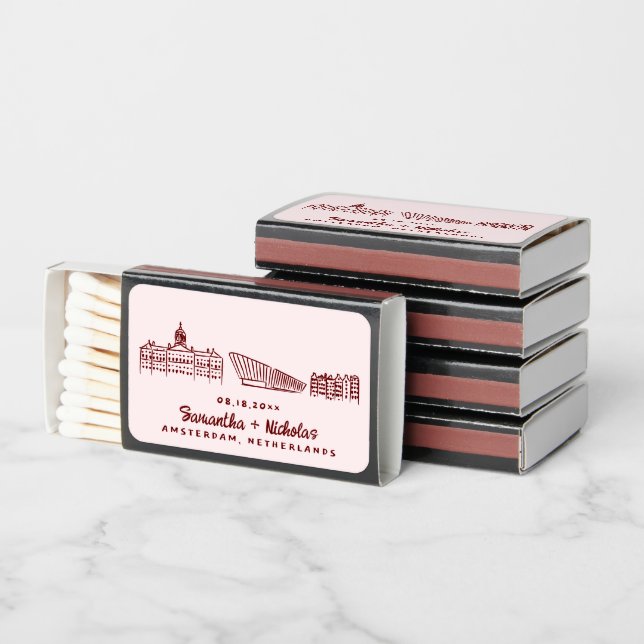 Amsterdam Retro Doodle Sketch | Wedding Favor Matchboxes (Stacked)