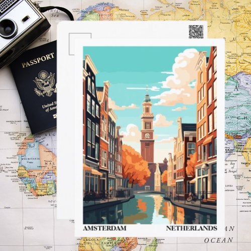 Amsterdam Retro Illustration Travel Postcard