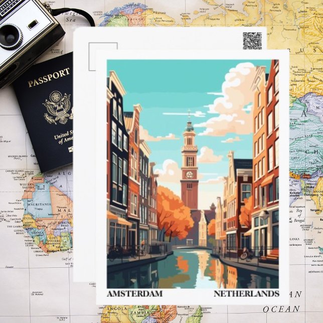 Amsterdam Retro Illustration Travel Postcard (Amsterdam Illustration Postcard )