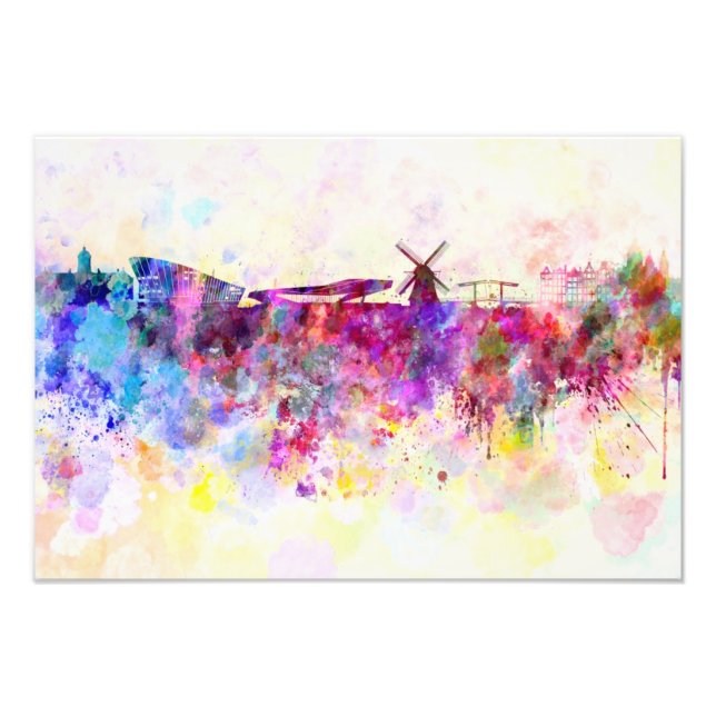 Amsterdam skyline in watercolor background photo print (Front)