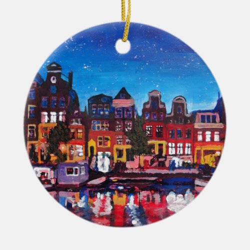Amsterdam Skyline With Canal At Night Ceramic Ornament