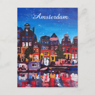 Amsterdam Skyline With Canal At Night Postcard