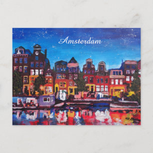 Amsterdam Skyline With Canal At Night Postcard