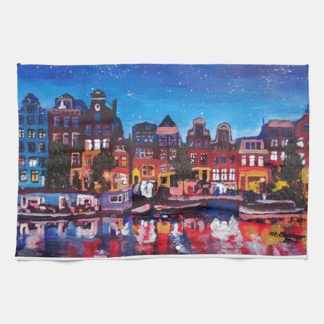 Amsterdam Skyline With Canal At Night Towel (Horizontal)