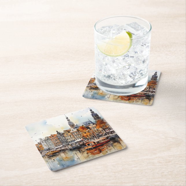 Amsterdam, Stretched Print Square Paper Coaster (Insitu)