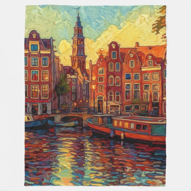 Amsterdam Sunset Glow | Painterly Dutch Warmth Fleece Blanket (Front)