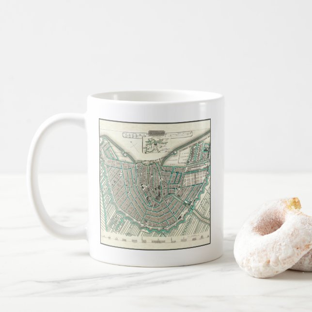 Amsterdam, The Netherlands • Antique City Plan Map Coffee Mug (With Donut)