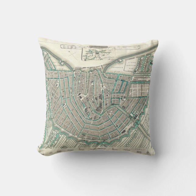 Amsterdam, The Netherlands • Antique City Plan Map Throw Pillow (Front)