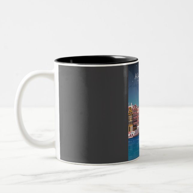 Amsterdam The Netherlands Travel Poster at Night   Two-Tone Coffee Mug (Left)