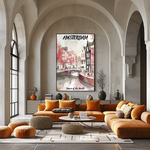 Amsterdam Travel – Illustrated Canal Cityscape Poster
