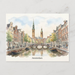Amsterdam watercolor art postcard