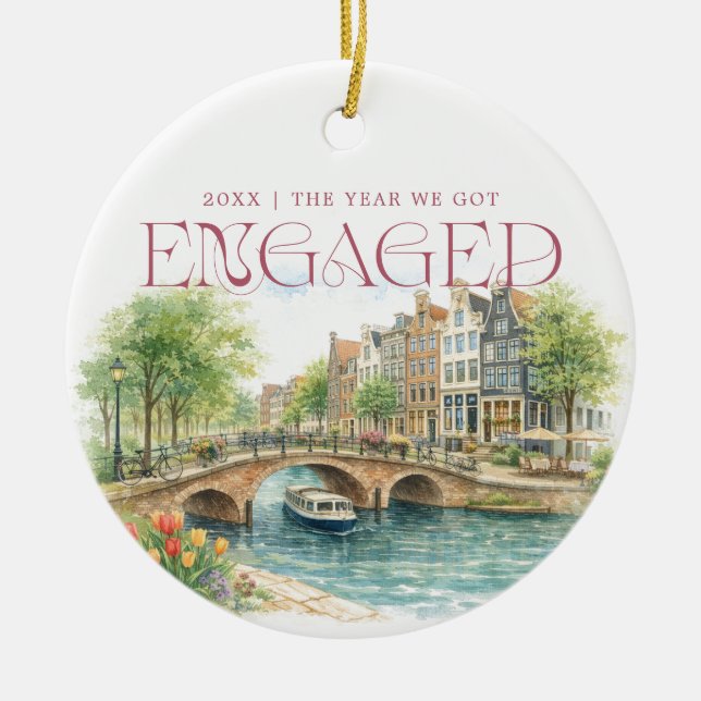 Amsterdam Watercolor Engagement Photo Ceramic Ornament (Front)