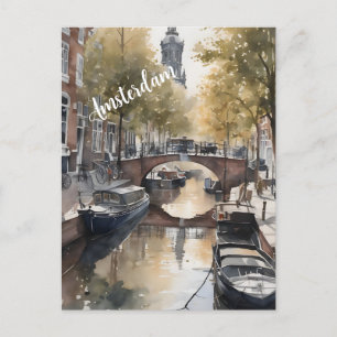 Amsterdam watercolor painting holiday postcard