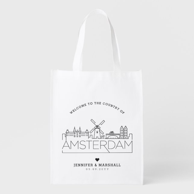 Amsterdam Wedding | Stylized City Skyline Grocery Bag (Front)