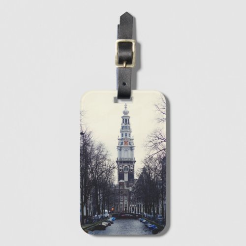 Amsterdam Winter Canal Tower Church Photo  Luggage Tag