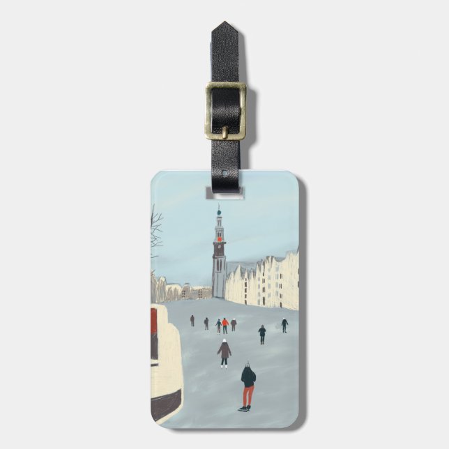 Amsterdam Winter Ice Skating on Dutch Canals Luggage Tag (Front Vertical)
