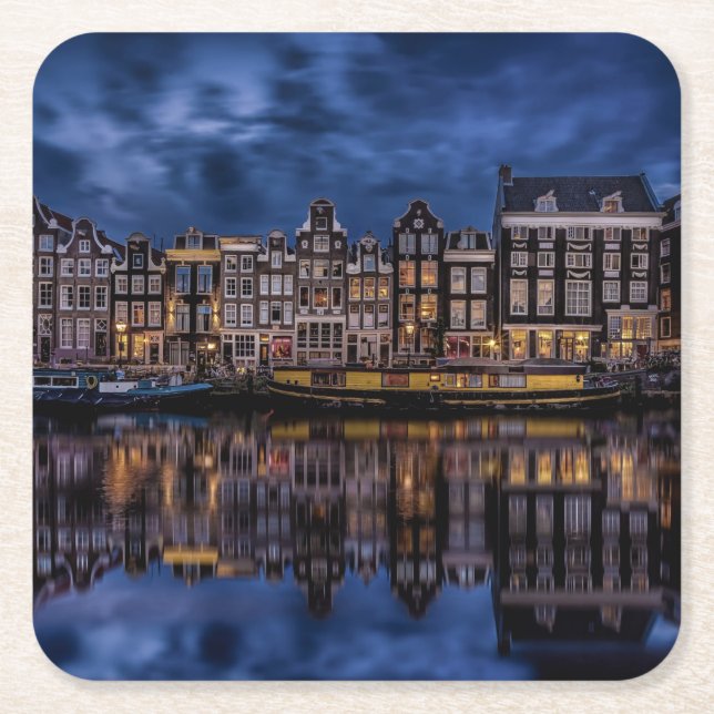 Amsterdam with Canals at Dusk Square Paper Coaster (Front)