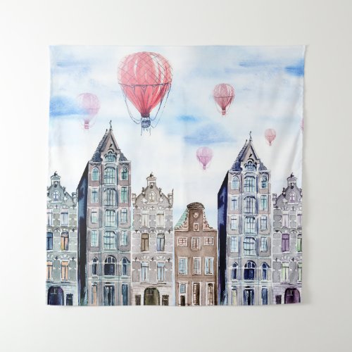 Amsterdam with hot air balloon tapestry